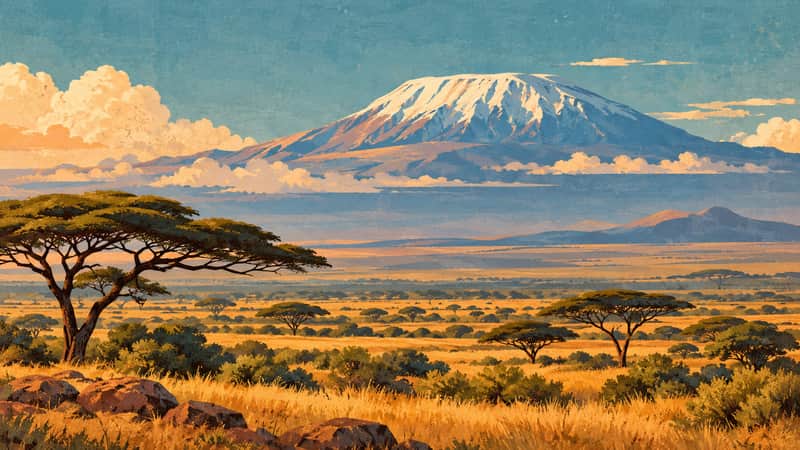 Mount Kilimanjaro View 4K wallpaper, mid-century travel poster style, for Frame TV and desktop