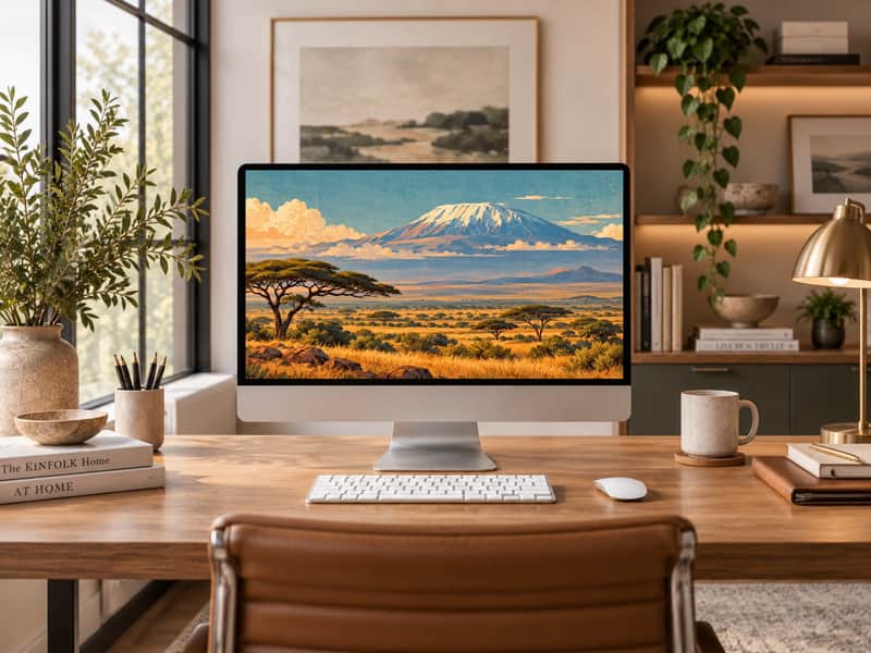 Mount Kilimanjaro View wallpaper shown on a desktop computer screen