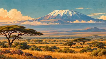 Mount Kilimanjaro View 4K wallpaper, mid-century travel poster style