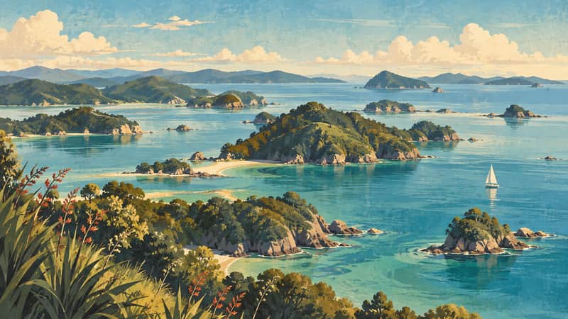 Bay of Islands 4K wallpaper, mid-century travel poster style, for Frame TV and desktop