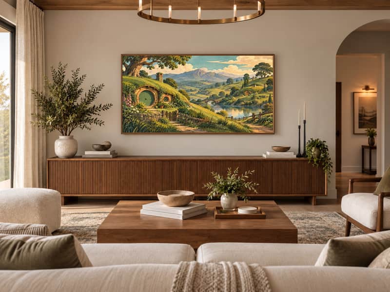 Bay of Islands wallpaper shown as art on a Samsung Frame TV