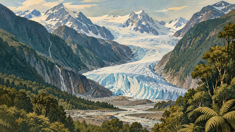 Fox Glacier 4K wallpaper, mid-century travel poster style, for Frame TV and desktop