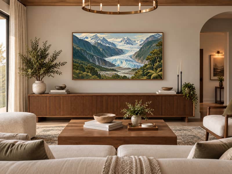 Hobbiton Green Hills wallpaper shown as art on a Samsung Frame TV