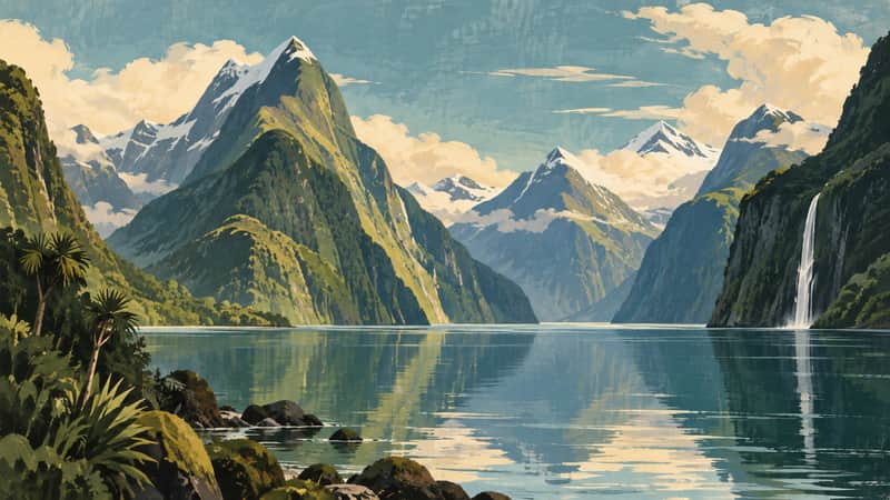Milford Sound 4K wallpaper, mid-century travel poster style, for Frame TV and desktop
