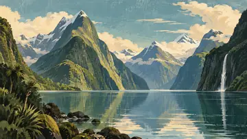 Milford Sound 4K wallpaper, mid-century travel poster style