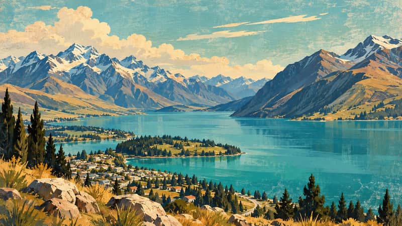 Queenstown Lake 4K wallpaper, mid-century travel poster style, for Frame TV and desktop