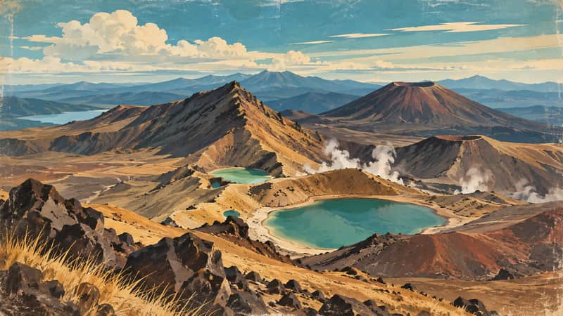 Tongariro Volcanic Landscape 4K wallpaper, mid-century travel poster style, for Frame TV and desktop