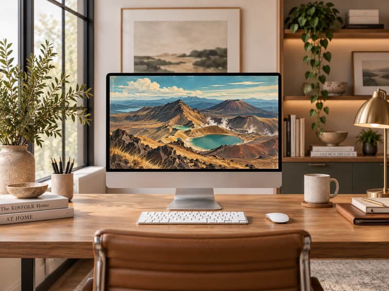 Tongariro Volcanic Landscape wallpaper shown on a desktop computer screen