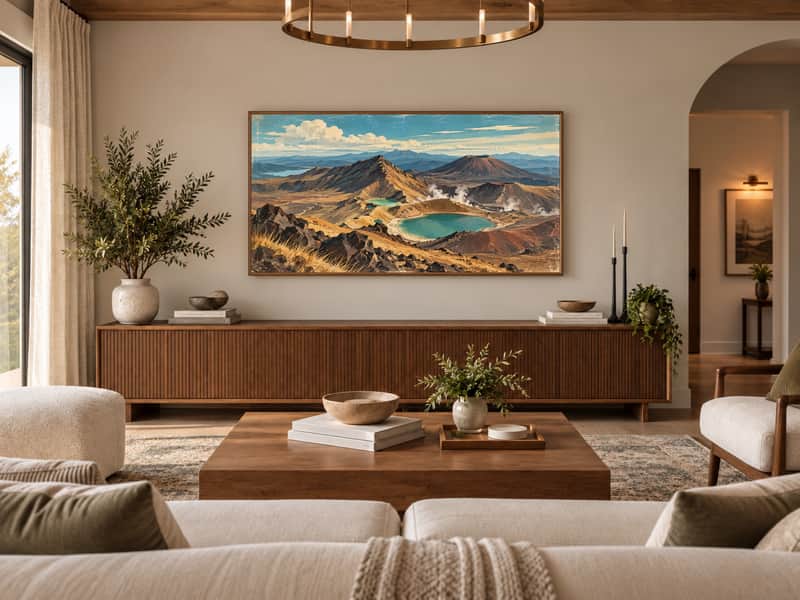 Tongariro Volcanic Landscape wallpaper shown as art on a Samsung Frame TV