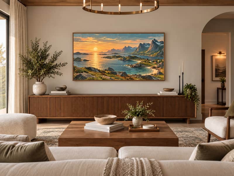 Bergen Harbor wallpaper shown as art on a Samsung Frame TV