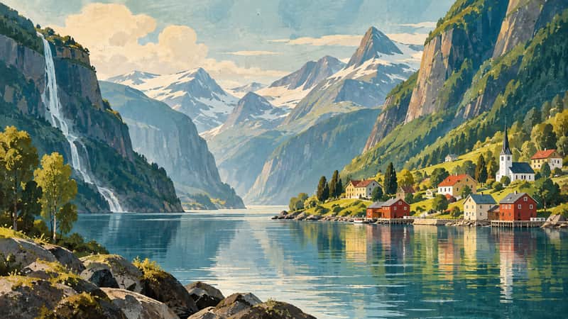 Fjord Village 4K wallpaper, mid-century travel poster style, for Frame TV and desktop