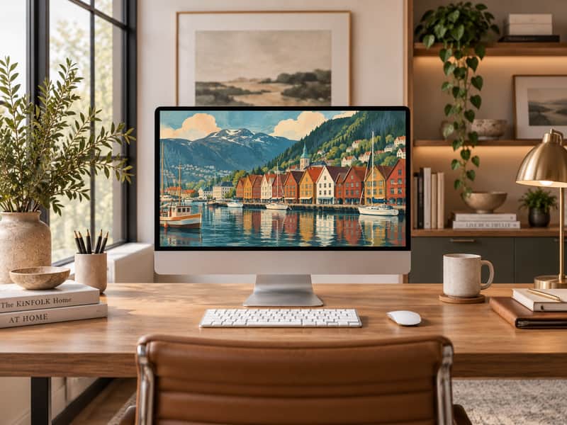 Fjord Village wallpaper shown on a desktop computer screen