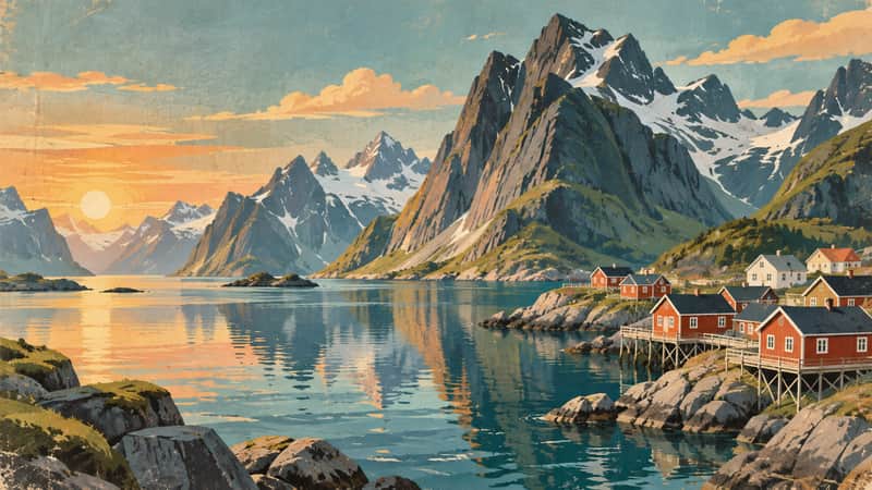 Lofoten Islands 4K wallpaper, mid-century travel poster style, for Frame TV and desktop