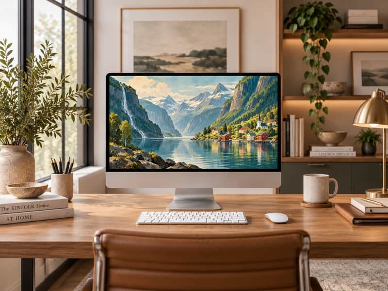 Lofoten Islands wallpaper shown on a desktop computer screen