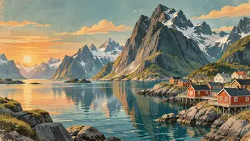Lofoten Islands 4K wallpaper, mid-century travel poster style