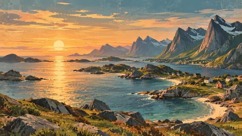 Midnight Sun Coastline 4K wallpaper, mid-century travel poster style, for Frame TV and desktop