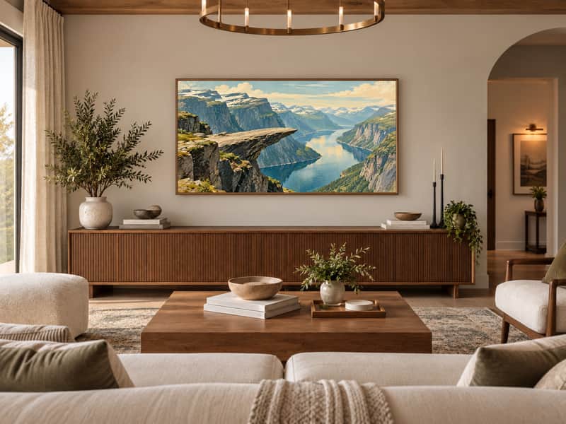 Midnight Sun Coastline wallpaper shown as art on a Samsung Frame TV