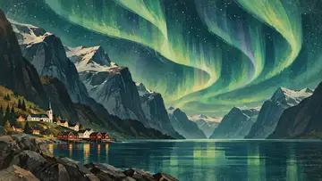 Northern Lights over Fjords 4K wallpaper, mid-century travel poster style