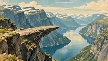 Trolltunga Cliff 4K wallpaper, mid-century travel poster style