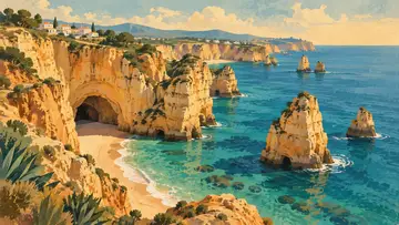 Algarve Cliffs 4K wallpaper, mid-century travel poster style