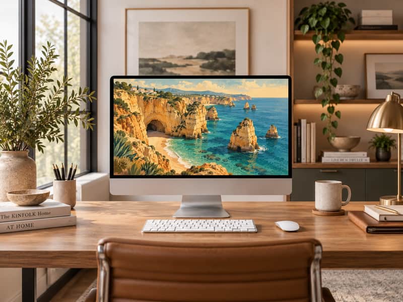 Azores Volcanic Lake wallpaper shown on a desktop computer screen