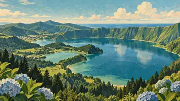 Azores Volcanic Lake 4K wallpaper, mid-century travel poster style