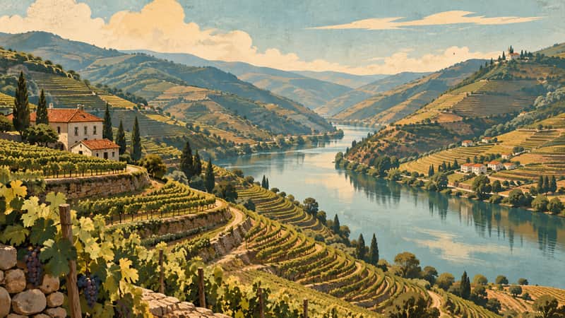 Douro Valley Vineyards 4K wallpaper, mid-century travel poster style, for Frame TV and desktop