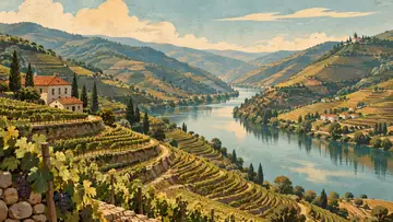 Douro Valley Vineyards 4K wallpaper, mid-century travel poster style