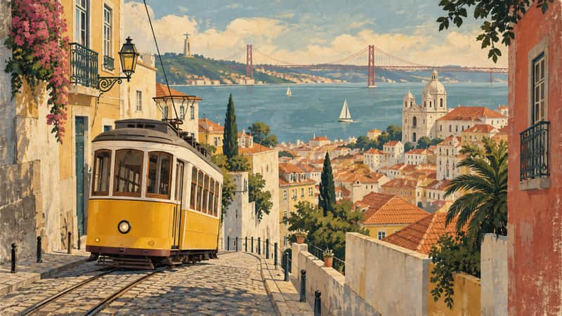 Lisbon Hillside Trams 4K wallpaper, mid-century travel poster style, for Frame TV and desktop