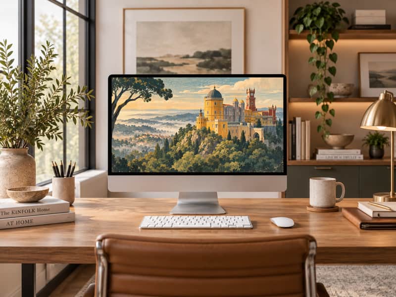 Lisbon Hillside Trams wallpaper shown on a desktop computer screen