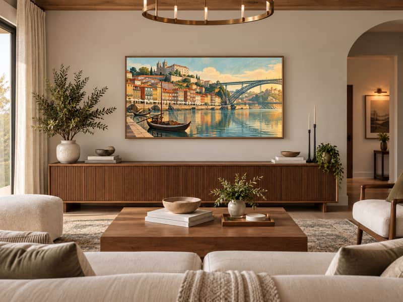 Porto Riverside wallpaper shown as art on a Samsung Frame TV