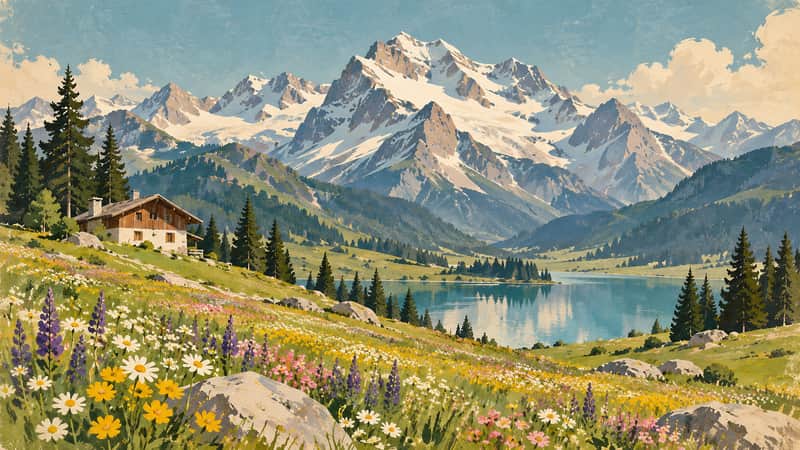Alpine Meadow 4K wallpaper, mid-century travel poster style, for Frame TV and desktop