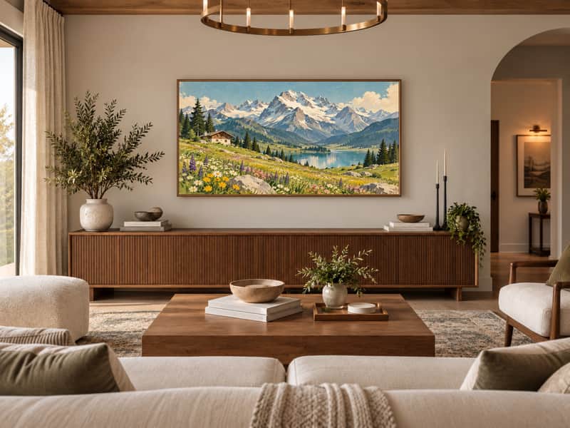 Alpine Meadow wallpaper shown as art on a Samsung Frame TV