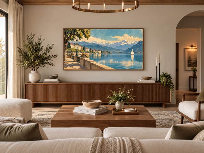 Lake Geneva wallpaper shown as art on a Samsung Frame TV