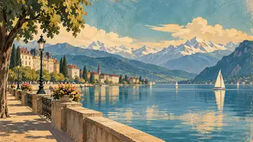 Lake Geneva 4K wallpaper, mid-century travel poster style