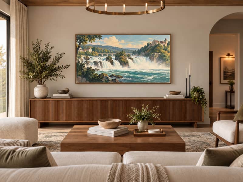 Rhine Falls wallpaper shown as art on a Samsung Frame TV