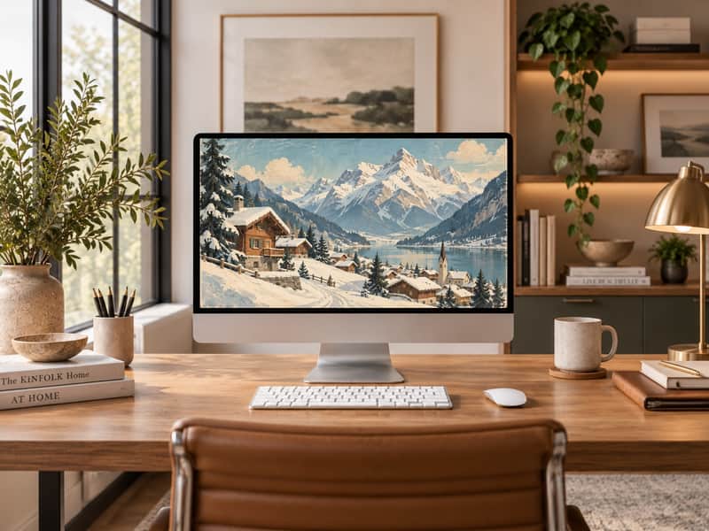 Swiss Alps Village wallpaper shown on a desktop computer screen
