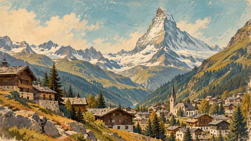 Zermatt Valley 4K wallpaper, mid-century travel poster style, for Frame TV and desktop