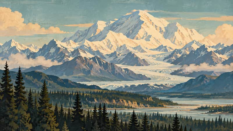 Denali Peak 4K wallpaper, mid-century travel poster style, for Frame TV and desktop