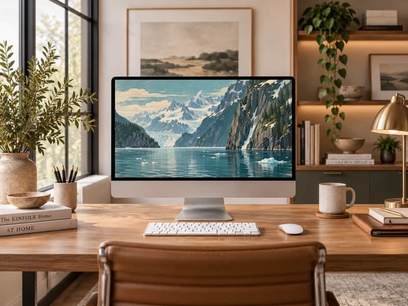 Kenai Fjords Coastline wallpaper shown on a desktop computer screen