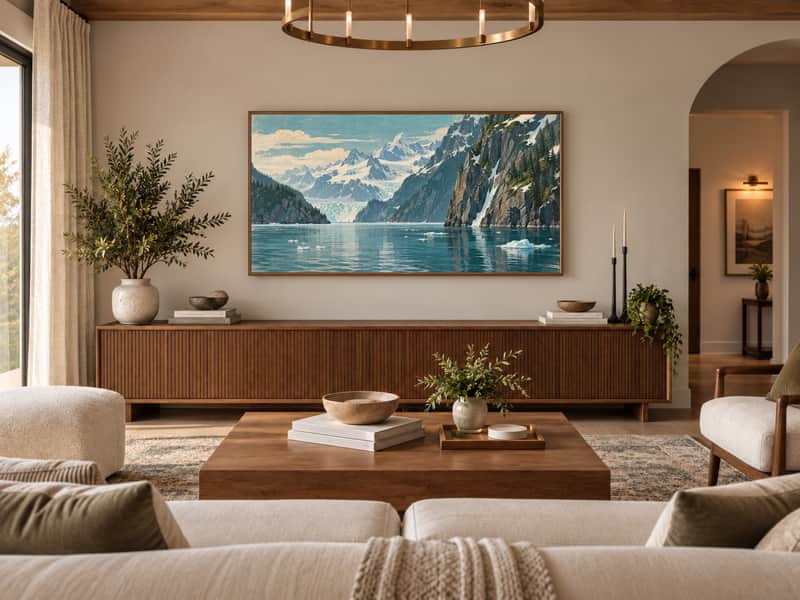 Kenai Fjords Coastline wallpaper shown as art on a Samsung Frame TV