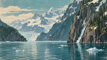 Kenai Fjords Coastline 4K wallpaper, mid-century travel poster style
