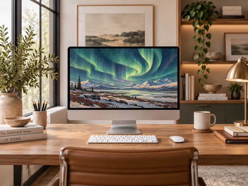 Northern Lights over Tundra wallpaper shown on a desktop computer screen