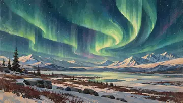 Northern Lights over Tundra 4K wallpaper, mid-century travel poster style