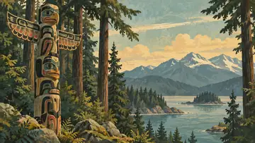 Totem Pole Forest 4K wallpaper, mid-century travel poster style