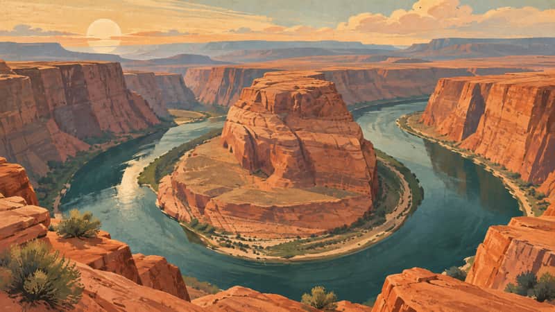 Horseshoe Bend 4K wallpaper, mid-century travel poster style, for Frame TV and desktop