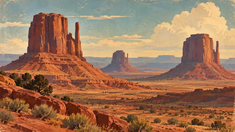 Monument Valley 4K wallpaper, mid-century travel poster style, for Frame TV and desktop