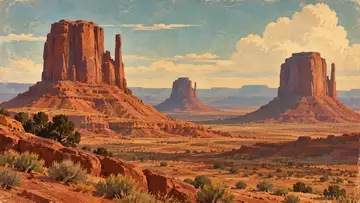 Monument Valley 4K wallpaper, mid-century travel poster style