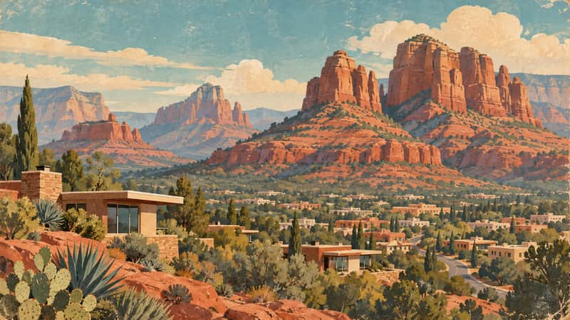 Sedona Red Rocks 4K wallpaper, mid-century travel poster style, for Frame TV and desktop