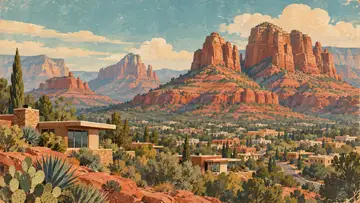 Sedona Red Rocks 4K wallpaper, mid-century travel poster style